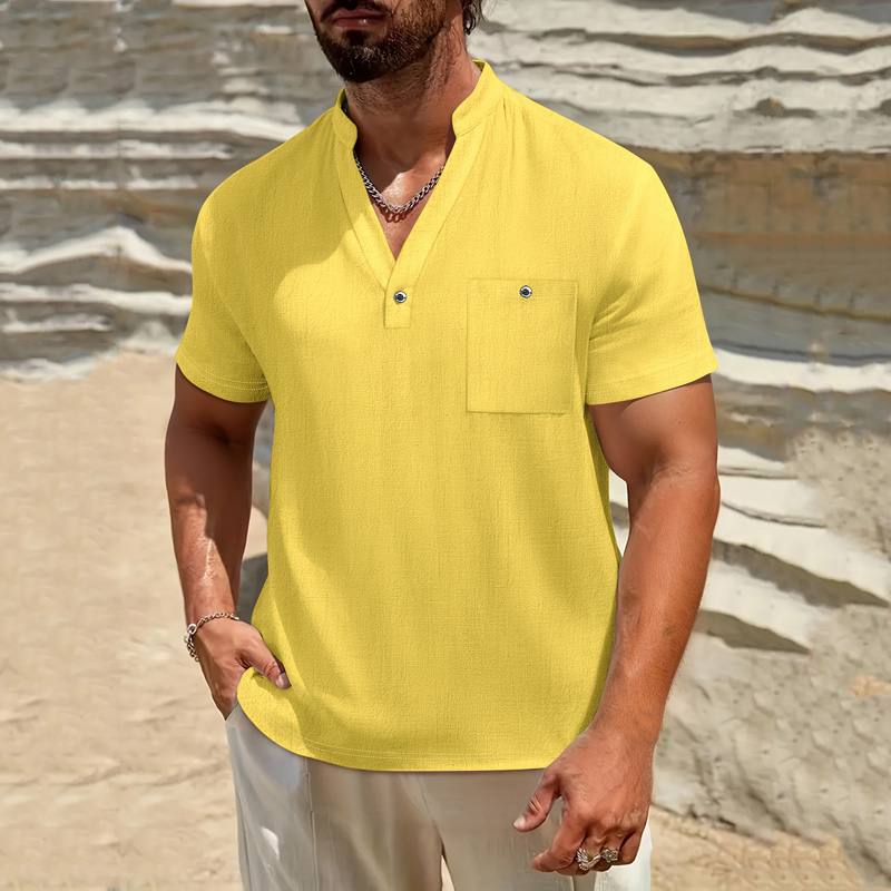 Linen Shirt Breathable - Kemeja Henley Pria Katun Linen Lengan