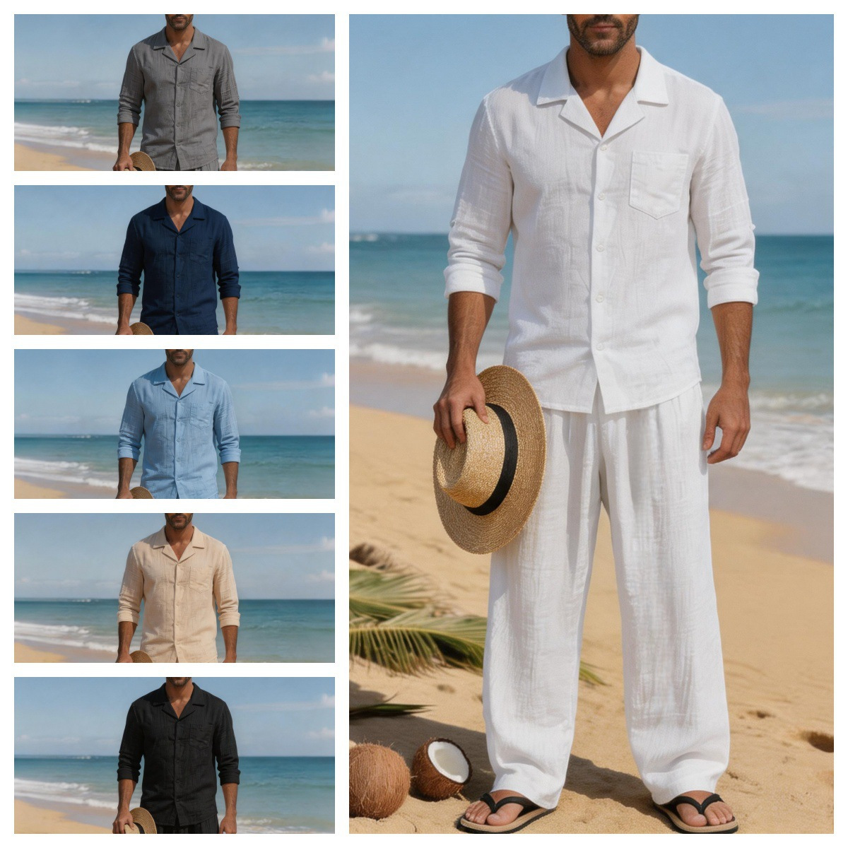 Linen Shirt Breathable - Setelan Pantai Pria Kasual Longgar Berbahan