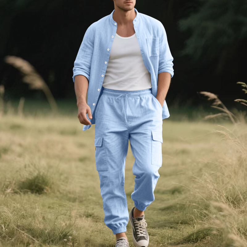 Setelan Linen Pria Dua Potong  - Linen Shirt Breathable ulasan dan harga